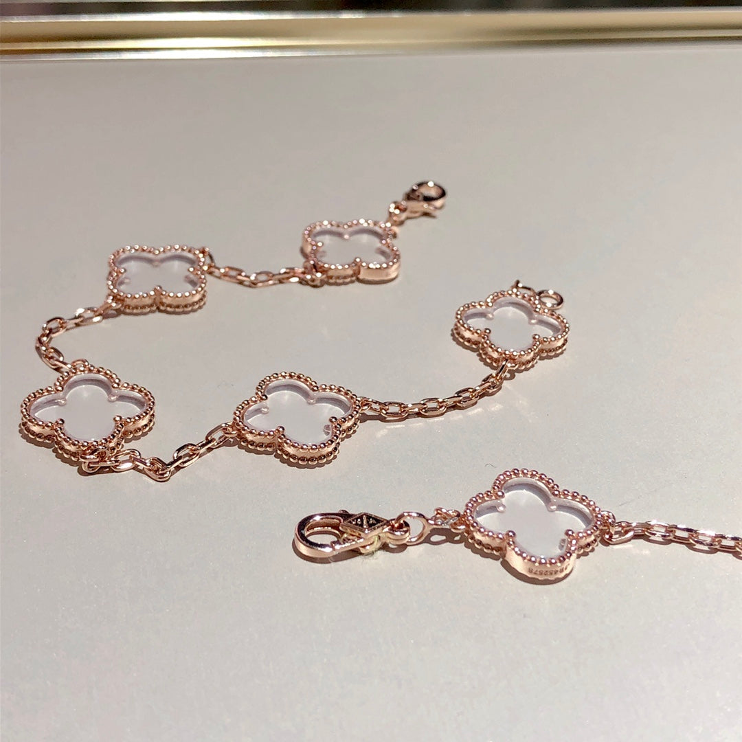 [Bloom]CLOVER 5 MOTIF ROCK CRYSTAL PINK GOLD BRACELET