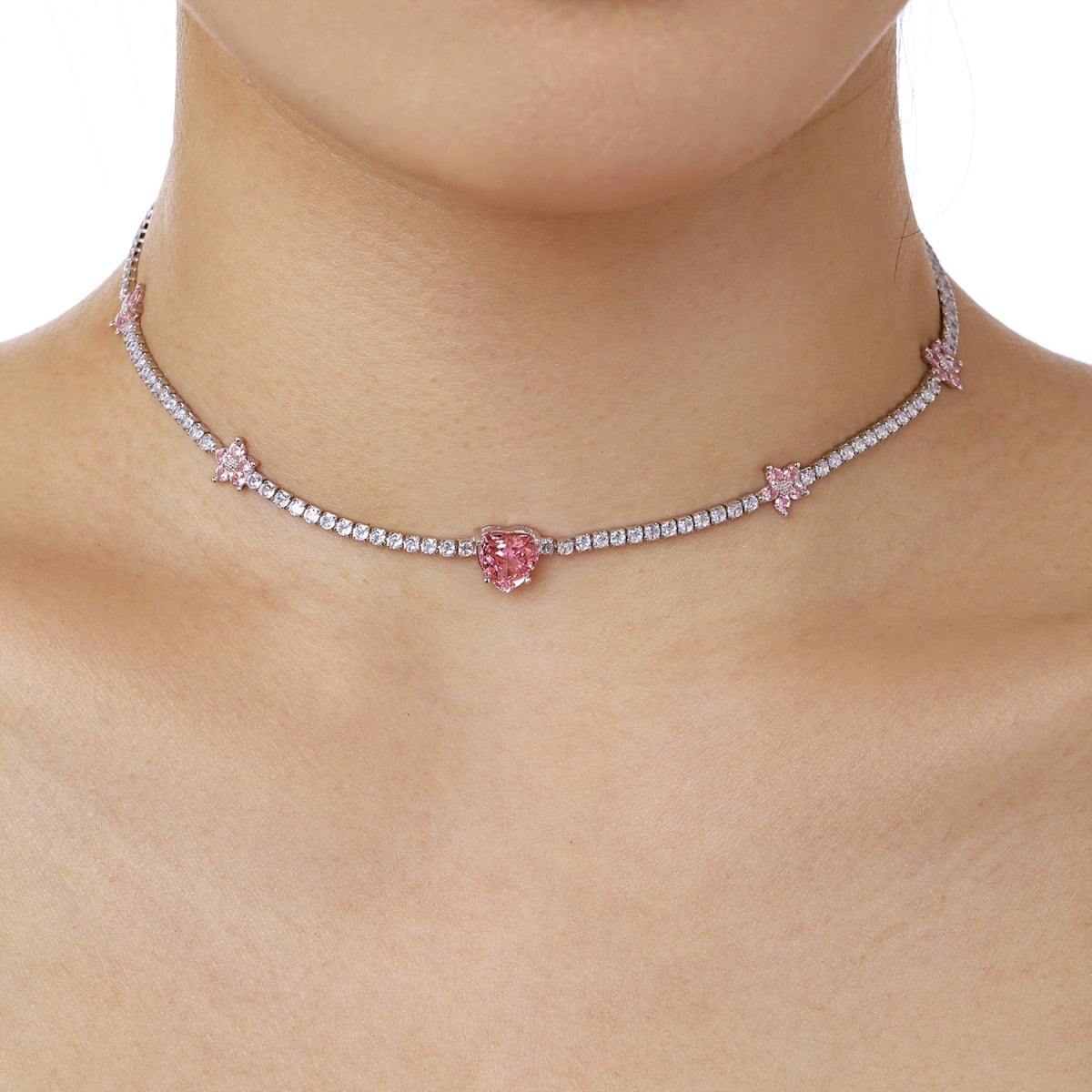 [Bloom]Dazzling Pink Heart Flower Necklace