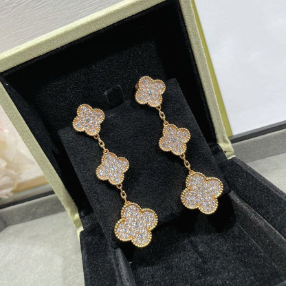 [Bloom]CLOVER 3 MOTIFS DIAMOND PAVED ROSE GOLD EARRINGS