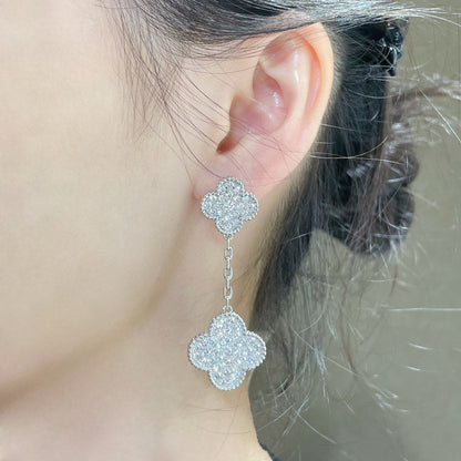 [Bloom]CLOVER 2 MOTIFS DIAMOND PAVED SILVER EARRINGS