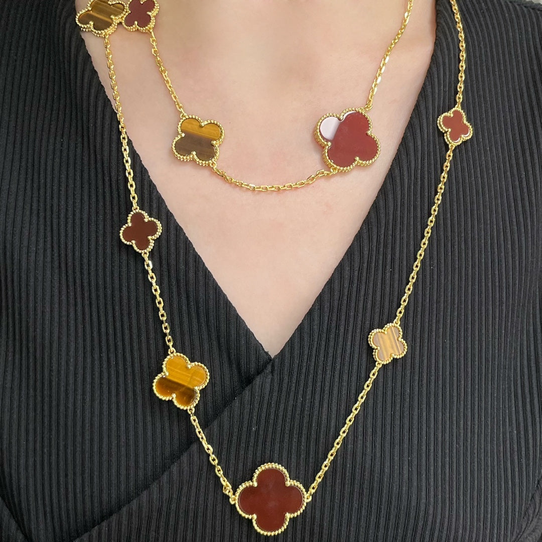 [Bloom]CLOVER 16 MOTIF CARNELIAN TIGER EYE ROSE GOLD NECKLACE