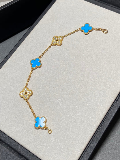 [Bloom]CLOVER 5 MOTIF BLUE CHALCEDONY DIAMOND GOLD BRACELET