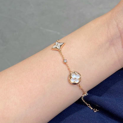 [Bloom]STAR AND SUN 4 MOTIF WHITE MOP PINK GOLD BRACELET