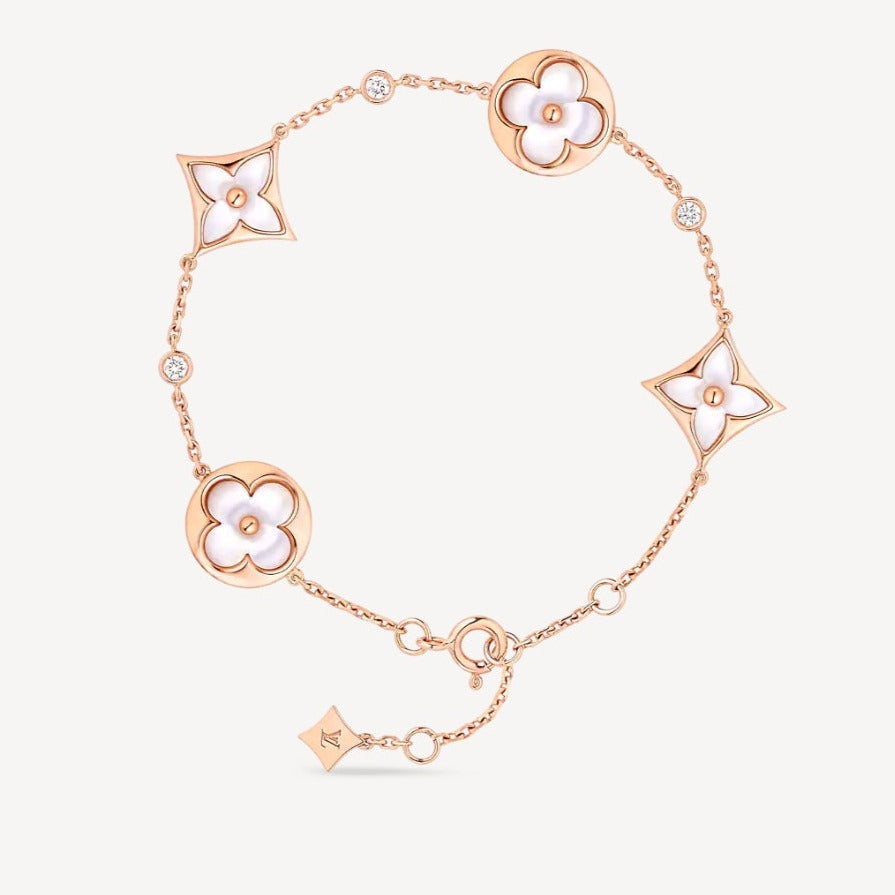 [Bloom]STAR AND SUN 4 MOTIF WHITE MOP PINK GOLD BRACELET