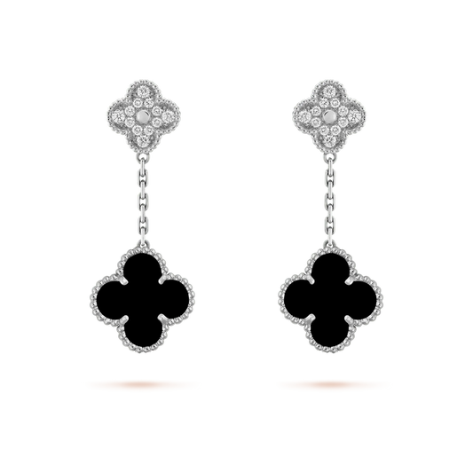 [Bloom]CLOVER 2 MOTIFS  DIAMOND ONYX EARRINGS SILVER