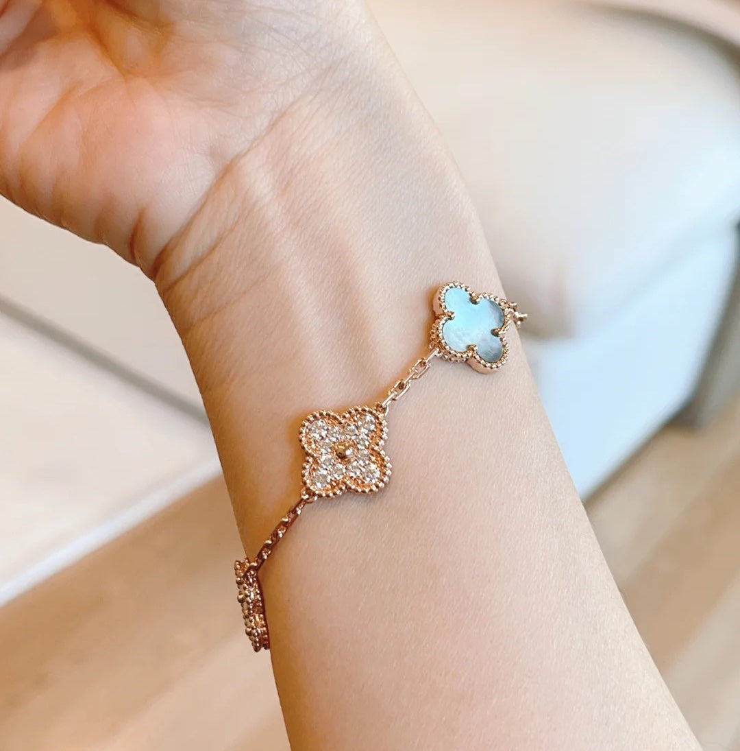 [Bloom]CLOVER 5 MOTIFS DARK MOP AND DIAMONDS PINK GOLD BRACELET